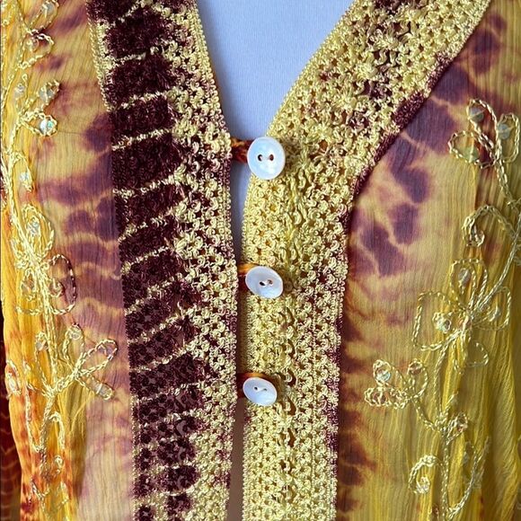 Vibrant Tie-Dye Button-Up Cardigan Duster Crochet Hems Side Slits - Picture 6 of 12